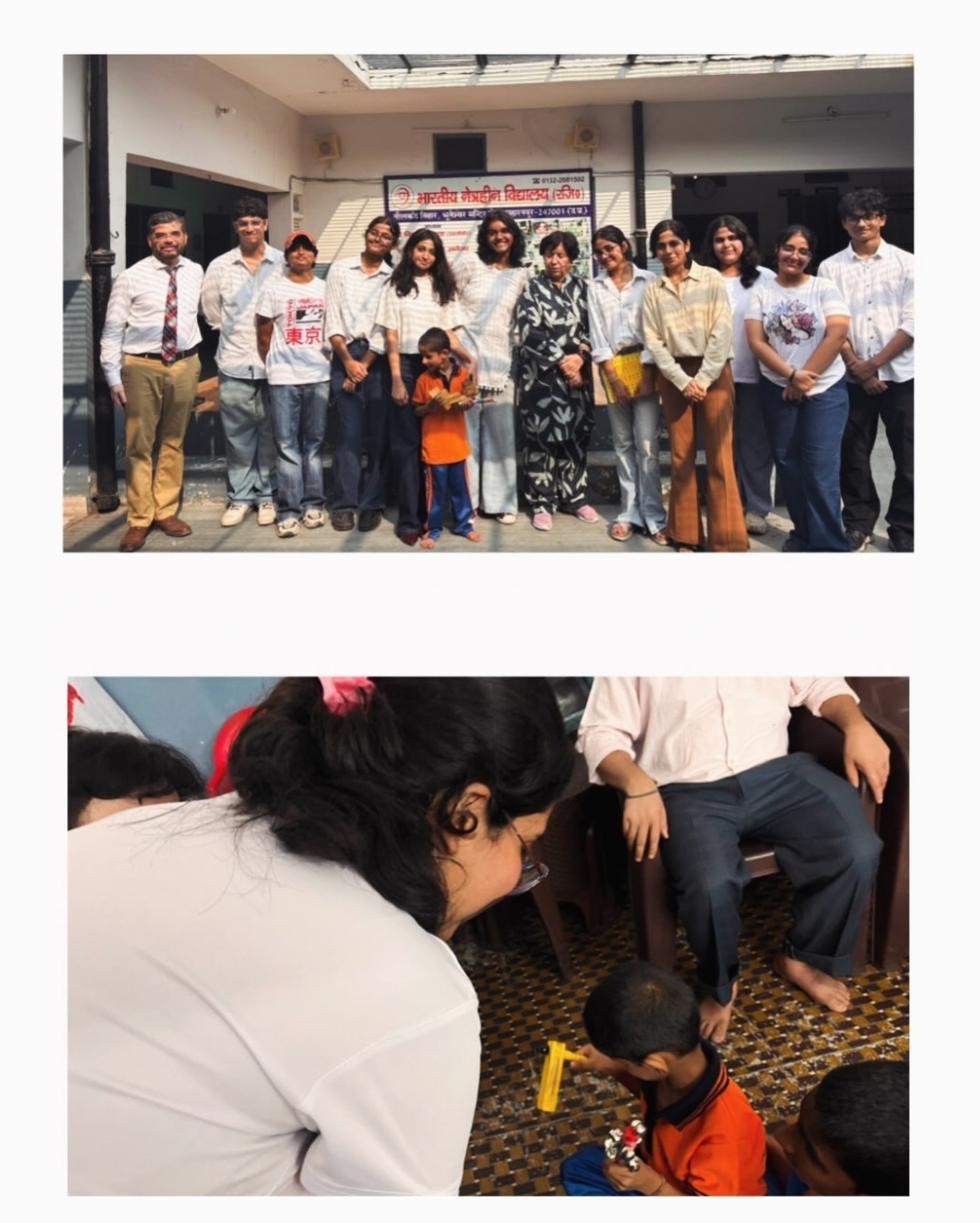 Group photograph and a volunteer kneeling beside a child exploring a sensory tool