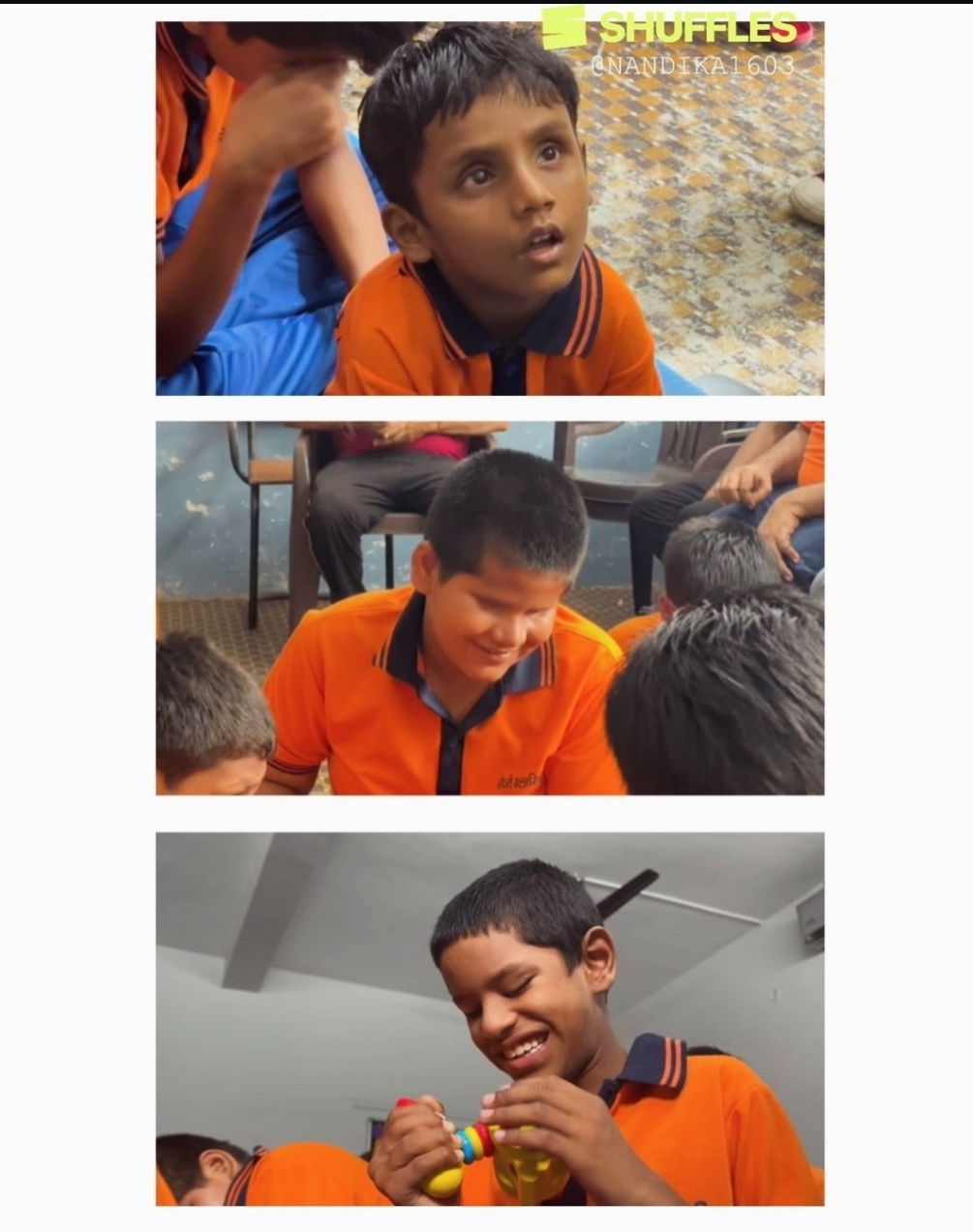 Close portraits of children smiling as they shake and turn the sensory toys