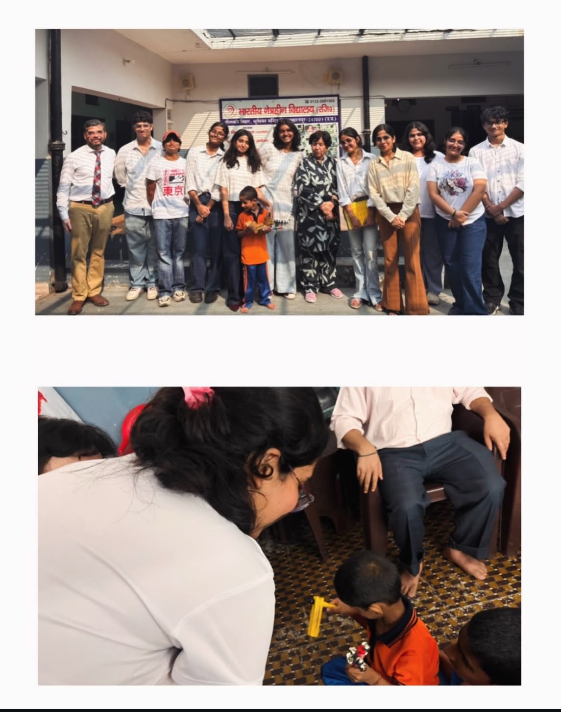 Arunarya team with students and staff outside Bhartiya Netrahin Vidyalaya, Saharanpur