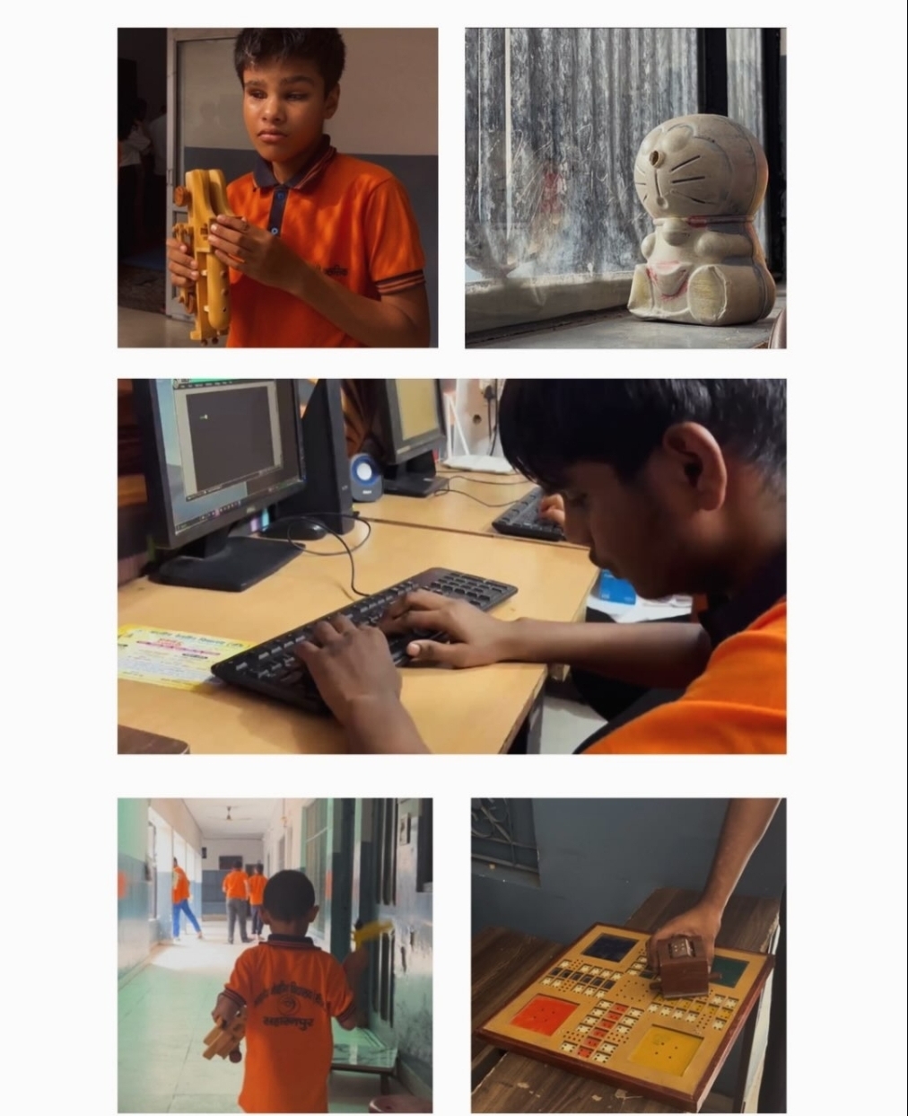 Students with wooden sensory instruments, a braille board and the school computer lab