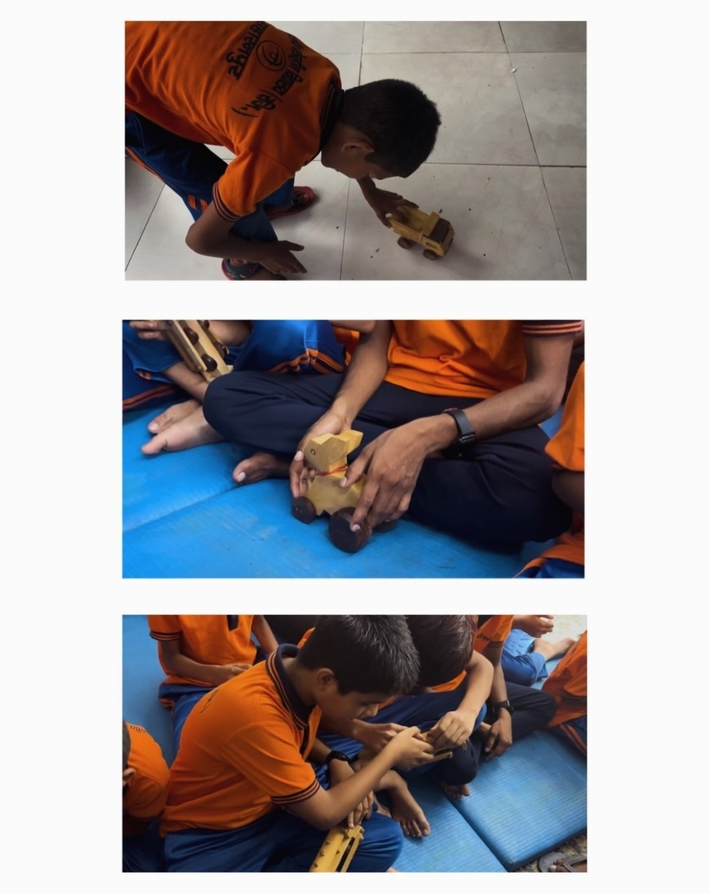 Children exploring wooden pull-along toys and carved animal forms by touch