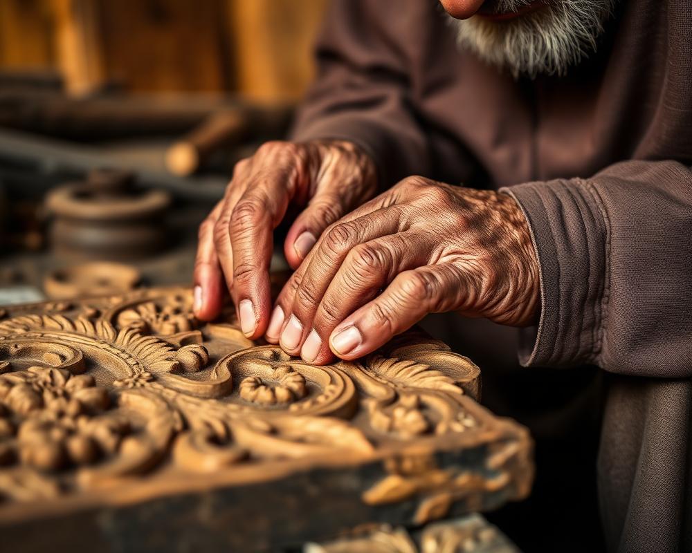 Weathered hands of a Saharanpur woodcarver working on a floral panel