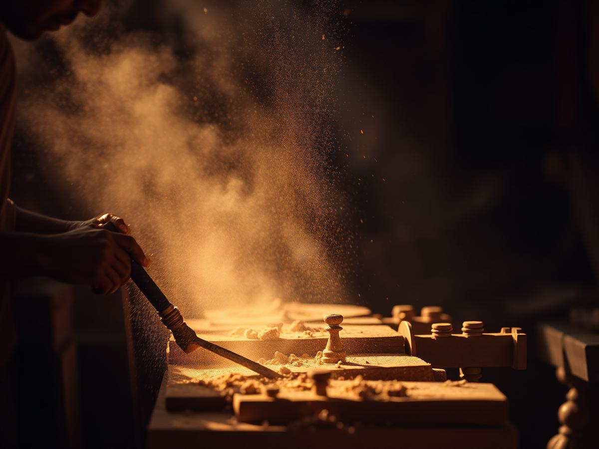 Saharanpur artisan carving reclaimed wood in workshop light