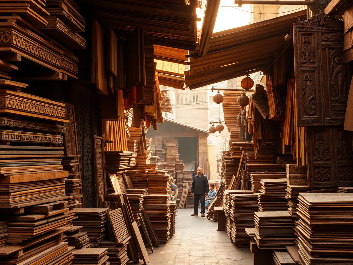 Saharanpur wood market with stacks of carved panels